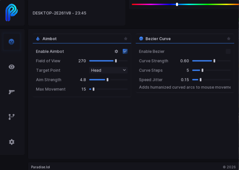 Paradise AIM dashboard — aimbot, field of view and Bezier curve settings